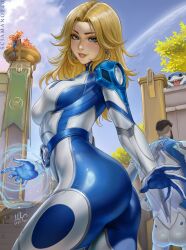 1boy 1girl artist_name ass ass_focus blonde_hair blue_bodysuit blue_eyes bodysuit breasts ear_piercing earrings fantastic_four highres jeff_(marvel) jewelry large_breasts lipstick looking_at_viewer makeup marvel marvel_rivals medium_hair piercing reed_richards sciamano240 shark signature smile solo spiked_hair standing sue_storm teeth thighs