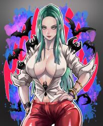 1girl bat_(animal) breasts character_name cleavage cowboy_shot darkstalkers green_eyes green_hair grey_background hand_on_own_hip highres large_breasts legs long_hair morrigan_aensland no_bra official_alternate_costume pants red_pants seductive_gaze seductive_smile shirt smile solo thighs to-ru white_shirt