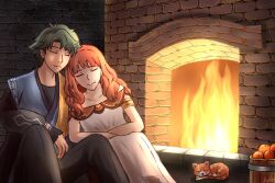 Rule 34 | 1boy, 1girl, alm (fire emblem), alm (valentine) (fire emblem), barrel, blue pants, cat, celica (fire emblem), celica (valentine) (fire emblem), closed eyes, couple, cuddling, dress, fire, fire emblem, fire emblem echoes: shadows of valentia, fire emblem heroes, fireplace, food, fruit, green hair, hetero, highres, long hair, maplerose, nintendo, official alternate costume, orange (fruit), orange hair, pants, prince, princess, red hair, sash, short hair, white dress, yellow sash