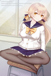 1girl anus anus_peek black_pantyhose blue_archive blush breasts brown_hair chair covered_erect_nipples feet hifumi_(blue_archive) impossible_clothes long_sleeves looking_at_viewer low_twintails magic_xiang pantyhose sailor_collar school_uniform sitting skirt smile solo twintails window yellow_eyes