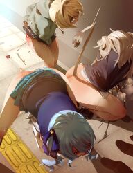 3girls absurdres ahegao alternate_costume black_vest blonde_hair blue_skirt blue_vest commentary date_the_roar ear_piercing female_orgasm grey_hair hairband highres hololive hood hooded_jacket hoshimachi_suisei humiliation jacket kankaku_shadan kazama_iroha lion_tail multiple_girls no_panties no_pants orgasm outdoors peeing peeing_together piercing public_indecency public_urination pussy_juice saliva school_uniform sex_toy shirt shishiro_botan skirt tail tail_raised tongue tongue_out undressing_another vest vibrator virtual_youtuber white_shirt