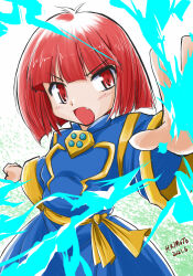 angry artist_name attack blue_robe blush bob_cut breasts casting_spell chest_jewel clenched_hand cotton_(character) cotton_(game) dated fang henjiganai highres magic open_mouth red_eyes red_hair robe short_hair small_breasts tongue white_background witch