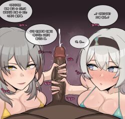 1boy 2girls african_male bad_tag bikini black_background blue_bikini chihel dark-skinned_male dark_penis dark_skin ffm_threesome firefly_(honkai:_star_rail) grey_hair group_sex headband interracial japanese_girl korean_text multiple_girls non-web_source penis speech_bubble stelle_(honkai:_star_rail) swimsuit threesome trailblazer_(honkai:_star_rail) white_hair yellow_bikini yellow_eyes