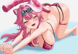 1girl absurdres all_fours animal_ear_fluff animal_ears animal_print armanditto ass barefoot bikini breasts butt_crack cleavage eyewear_on_head feet highres hololive hololive_english large_breasts leopard_print long_hair median_furrow multicolored_hair panther_ears panther_girl panther_tail pink_bikini pink_nails raora_panthera shadow signature solo swimsuit tail two-tone_hair virtual_youtuber yellow_eyes