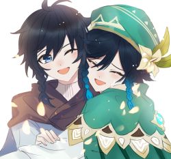 bad_id bad_twitter_id black_hair blue_eyes blue_hair blush braid cape closed_eyes crying flower genshin_impact gradient_hair green_headwear hair_flower hair_ornament hat hug leaf long_sleeves male_focus multicolored_hair multiple_boys one_eye_closed open_mouth simple_background smile sssss2222 tears twin_braids venti_(genshin_impact) white_background white_flower