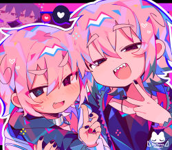 4boys :d @_@ absurdres arm_around_shoulder artist_logo artist_name black_eyes black_hair black_hoodie black_jacket black_nails black_shirt blue_eyes blush collar fang hair_between_eyes heart heterochromia highres hood hood_down hoodie jacket logo long_sleeves looking_at_viewer male_focus multicolored_hair multicolored_nails multiple_boys multiple_persona nail_polish open_clothes open_jacket open_mouth original outline pink_background pink_eyes pink_hair purple_shirt red_nails sharp_teeth shirt short_hair smile speech_bubble spoken_heart sweat sweatdrop teeth uenomigi v white_hoodie white_jacket white_outline