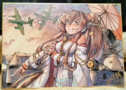 1girl aircraft airplane brown_hair cherry_blossoms detached_sleeves dress fighter_jet headgear highres kantai_collection military_vehicle ponytail red_sailor_collar sadakuma sailor_collar school_uniform serafuku sleeveless solo traditional_media umbrella white_dress white_serafuku yamato_(kancolle) yamato_kai_ni_(kancolle)