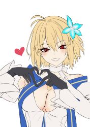 Rule 34 | 1girl, :d, absurdres, ahoge, arcueid brunestud, arcueid brunestud (mooncancer), bare shoulders, black gloves, blonde hair, blue ribbon, blush, breasts, choker, cleavage, delet er9761, detached sleeves, dress, fate/grand order, fate (series), finger heart, flower, flower ornament, gloves, gold trim, hair flower, hair ornament, heart, highres, huge breasts, large breasts, looking at viewer, open mouth, ribbon, short hair, smile, upper body, white dress