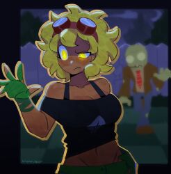 1boy 1girl black_shirt blonde_hair blue_pants breasts brown_footwear brown_jacket cardboard cleavage closed_mouth cloud colored_skin commentary crescent_moon dark-skinned_female dark_skin english_commentary fence firemauer goggles goggles_on_head green_skin highres jacket looking_at_hand medium_hair monster_girl moon navel necktie night pants plant_girl plants_vs._zombies red_necktie shirt shoes solar_flare_(plants_vs_zombies_heroes) solar_flare_(plants_vs_zombies_heroes)_(peargor) striped_necktie torn_clothes torn_pants tree white_shirt yellow_eyes zombie zombie_(plants_vs_zombies)