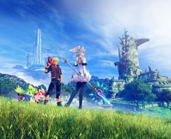 3d absurdres blue_eyes day head_wings highres jacket melia_antiqua monado nintendo outdoors red_jacket scenery shulk_(xenoblade) silver_hair smile wings xenoblade_chronicles:_future_connected xenoblade_chronicles_(series) xenoblade_chronicles_1