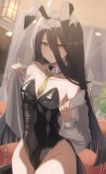 1girl absurdres alternate_costume animal_ears bare_shoulders black_hair blush closed_mouth commentary detached_collar fake_animal_ears flat_chest grey_jacket hair_between_eyes hanma_amnah highleg highleg_leotard highres horse_girl horse_tail jacket leotard long_hair long_hair_between_eyes looking_at_viewer manhattan_cafe_(umamusume) necktie open_clothes open_jacket playboy_bunny rabbit_ears short_necktie solo strapless strapless_leotard tail umamusume yellow_eyes yellow_necktie