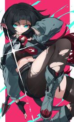 1girl animal_ears black_hair black_shorts blue_eyes chawarabi fur-trimmed_jacket fur_trim green_jacket high-waist_shorts highres holding holding_weapon jacket jane_doe_(zenless_zone_zero) long_tail looking_at_viewer mouse_ears mouse_girl mouse_tail multicolored_hair pantyhose red_background red_hair red_nails sharp_tail shorts single_leg_pantyhose single_thighhigh smirk tail thighhighs torn_clothes torn_pantyhose two-tone_hair weapon zenless_zone_zero