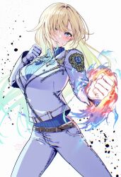 1girl absurdres aizawa_ema belt blonde_hair blue_eyes cosplay fighting_stance flaming_hand gloves gradient_hair grey_hair hair_over_one_eye highres jacket ken_masters ken_masters_(cosplay) long_hair looking_at_viewer multicolored_hair pants piyoyanagi solo sweater turtleneck turtleneck_sweater virtual_youtuber vspo! white_gloves