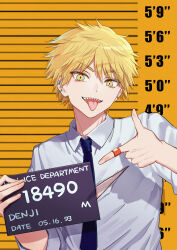 1boy absurdres bandaid bandaid_on_hand barbie_mugshot_(meme) black_necktie blonde_hair blue_eyes chainsaw_man commentary denji_(chainsaw_man) ear_piercing height_chart highres holding holding_sign kiunchiku male_focus meme mugshot multicolored_eyes necktie piercing pointing sharp_teeth shirt sign sleeves_rolled_up solo teeth tongue tongue_out torn_clothes torn_shirt upper_body yellow_eyes