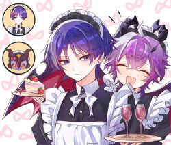 2boys ahoge alcohol alternate_costume apron black_dress blue_eyes blue_hair blunt_ends blush bow bowtie buttons cake cake_slice closed_eyes closed_mouth collared_dress commentary crossdressing crossed_bangs cup dragon dragon_boy dragon_horns dragon_wings dress drinking_glass ear_piercing english_commentary enmaided eyeshadow fangs food frills fruit genshin_impact hair_between_eyes hair_bow hair_ornament highres holding holding_tray horns infinity_symbol juliet_sleeves long_sleeves looking_at_another maid maid_headdress makeup male_focus meoyami mini_durin_(dragon)_(genshin_impact) mini_durin_(genshin_impact) multiple_boys multiple_views notice_lines open_mouth parted_bangs piercing pink_bow puffy_sleeves purple_hair red_eyes red_eyeshadow scaramouche_(genshin_impact) short_hair smile strawberry tray white_apron white_bow white_bowtie wine wings
