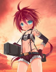 1girl ahoge ao_no_kiseki aqua_eyes bandeau cowboy_shot eiyuu_densetsu falcom female_focus gloves grin hand_on_own_hip hip_focus long_hair midriff navel orange_background ponytail red_hair saru shirley_orlando short_shorts shorts smile solo tattoo