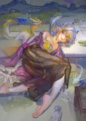 1girl absurdres arknights barefoot closed_eyes dragon_horns dragon_tail feet highres hjwhuhu horns long_hair multicolored_hair parted_lips pointy_ears shoes shu_(arknights) single_shoe soles tail toes unworn_shoes