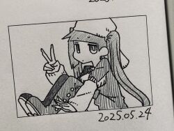 1girl 2025 black_dress bleach blush breasts chibi dated dokugamine_riruka dress expressionless fingernails hanya_(hanya_yashiki) hat long_hair looking_at_viewer monochrome nail_polish photo_(medium) simple_background sitting solo traditional_media tsundere twintails v very_long_hair white_background