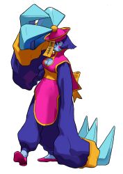 1girl bengus blue_hair blue_skin blush_stickers breasts chinese_clothes claw_(weapon) claws cleavage_cutout clothing_cutout colored_skin darkstalkers full_body hat highres hsien-ko jiangshi long_sleeves medium_breasts non-web_source official_art ofuda photoshop_(medium) qingdai_guanmao short_hair simple_background sleeves_past_wrists solo standing vampire_savior:_the_lord_of_vampire weapon white_background
