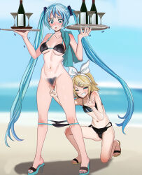2girls :o aqua_hair aqua_nails aruman assisted_exposure beach bikini bikini_pull black_bikini blonde_hair blue_eyes blue_sky blurry blurry_background bottle bow breasts censored clothes_pull cloud cocktail_glass colored_shoe_soles commentary cup double_v drinking_glass female_pubic_hair full_body furrowed_brow grin hair_bow hair_ornament hairband hairclip half-closed_eyes hands_up hatsune_miku high_heels highres holding holding_tray horizon kagamine_rin large_breasts long_hair looking_at_viewer looking_down mosaic_censoring multiple_girls navel ocean on_one_knee outdoors paid_reward_available presenting_another pubic_hair pulling_another&#039;s_clothes pussy sandals sky small_breasts smile standing swept_bangs swimsuit tan tanline towel towel_on_one_shoulder tray trembling twintails v variant_set very_long_hair vocaloid white_bow white_hairband wine_bottle