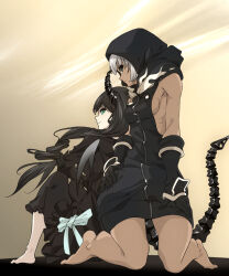Rule 34 | 2girls, barefoot, black dress, black gloves, black hair, black horns, black rock shooter, breasts, dark-skinned female, dark skin, dead master, demon tail, dress, flame print, gloves, green eyes, hood, hoodie, horns, ikechi, long hair, multiple girls, short hair, sideboob, strength (black rock shooter), tail, white hair