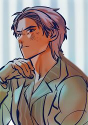 1boy angry blood bruise bruise_on_face formal_clothes hand_on_own_chin injury jacket looking_at_viewer male_focus matsuno_karamatsu ningenis_kuso nosebleed open_clothes open_jacket osomatsu-san osomatsu-san:_hesokuri_wars osomatsu_(series) parted_lips popped_collar suit upper_body