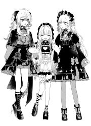 1boy 2girls :d absurdres apron blunt_bangs boots bow breasts buckle capelet chest_harness cleavage cleavage_cutout closed_eyes clothing_cutout collar collared_dress colored_tips crossdressing crown dress facing_viewer fangs fingernails fishnet_socks fishnets flat_chest frilled_collar frilled_hairband frilled_skirt frilled_sleeves frills full_body genderswap genderswap_(mtf) gothic_lolita greyscale hair_between_eyes hair_bow hair_intakes hairband harness heart heart-shaped_buckle heart_cutout height_difference high_heel_boots high_heels highres jacket juliet_sleeves knee_boots kuzuha_(nijisanji) lace-up_boots leg_ribbon leg_tattoo locked_arms lolita_fashion long_hair long_sleeves looking_at_another loser_kings mado_(mado83893768) maid_headdress makaino_ririmu makaino_ririmu_(5th_costume) monochrome multicolored_hair multiple_girls nail_polish nijisanji official_alternate_costume open_mouth pantyhose petticoat platform_shoes pointy_ears puffy_sleeves ribbon sanya_(kuzuha) sharp_fingernails shoes simple_background skirt sleeves_past_wrists slit_pupils smile socks standing standing_on_one_leg streaked_hair tattoo thigh_strap trap two_side_up uzuki_kou uzuki_kou_(4th_costume) virtual_youtuber waist_apron wavy_hair wavy_sidelocks white_background winged_heart_tattoo