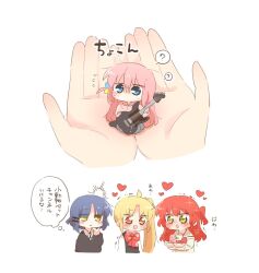 4girls ? ahoge blonde_hair blue_eyes blue_hair blush bocchi_the_rock! bow bowtie cupping_hands electric_guitar gotoh_hitori guitar heart holding holding_instrument holding_mini_person ijichi_nijika instrument kita_ikuyo long_hair mini_person minigirl multiple_girls one_side_up open_mouth orange_eyes own_hands_together pink_hair rebecca_(keinelove) red_bow red_bowtie red_hair side_ponytail speech_bubble thought_bubble white_background yamada_ryo yellow_eyes