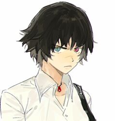 1girl 469nn black_hair collared_shirt devil_may_cry devil_may_cry_(series) devil_may_cry_3 green_eyes heterochromia jewelry lady_(devil_may_cry) looking_at_viewer necklace red_eyes scar scar_on_face scar_on_nose shirt simple_background white_background white_shirt