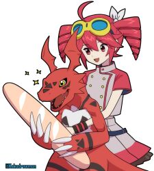1girl ahoge baguette bread color_connection cowboy_shot crossover digimon digimon_tamers dinosaur drill_hair food goggles goggles_on_head grey_jacket grey_skirt guilmon highres jacket kakudrawmon kasane_teto miniskirt pleated_skirt red_eyes red_hair red_jacket red_skirt simple_background skirt twin_drills utau white_background yellow_eyes