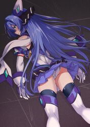 1girl absurdres ass bare_shoulders black_thighhighs blue_eyes blue_hair blue_skirt blush boots detached_sleeves elbow_gloves exs-tia_(kouyoku_senki_exs-tia_3) from_behind gloves goemon1110 hair_intakes highres katsuragi_marina kouyoku_senki_exs-tia long_hair looking_back magical_girl panties pantyshot pleated_skirt skirt solo standing thighhighs underwear upskirt very_long_hair white_gloves white_panties