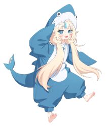 1girl :d animal_costume animal_hood barefoot blonde_hair blue_eyes blue_hair blunt_bangs commentary fang feet full_body highres hood hood_up indie_virtual_youtuber light_blush long_hair looking_at_viewer low_twintails multicolored_hair open_mouth sameko_saba shark_costume shark_hood simple_background smile solo streaked_hair toes twintails two-tone_hair ugaaaa1 very_long_hair virtual_youtuber white_background