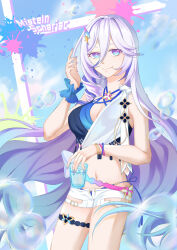 1girl absurdres bikini blue_bikini blue_eyes bracelet bubble character_name chi_pao_fu_de_maotouying colored_inner_hair cowboy_shot cup disposable_cup highres holding holding_cup honkai_(series) honkai_impact_3rd jewelry long_hair micro_shorts misteln_schariac misteln_schariac_(lulling_waves) multicolored_hair official_alternate_costume purple_hair scrunchie shorts smile solo swimsuit thigh_strap very_long_hair white_hair white_shorts wrist_scrunchie