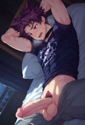 1boy abs ai-generated bulge camp_buddy hot male_focus pectorals purple_eyes purple_hair wolf_boy yaoi yoichi_yukimura