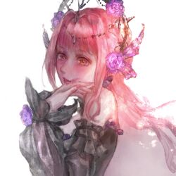 Rule 34 | 1girl, absurdres, bare shoulders, black collar, black dress, black halo, black sleeves, blunt bangs, brown eyes, bug, butterfly, butterfly hair ornament, chinese commentary, circlet, collar, commentary request, detached collar, detached sleeves, dress, expressionless, flower, frilled collar, frilled sleeves, frills, hair flower, hair intakes, hair ornament, halo, halo behind head, hand on own cheek, hand on own face, highres, infinity nikki, insect, light blush, light particles, lipstick, long hair, long sleeves, makeup, nail polish, nikki (nikki), nikki (series), official alternate color, parted lips, pink hair, pink lips, pink nails, puffy long sleeves, puffy sleeves, purple butterfly, purple flower, purple rose, rose, sea0, sidelocks, simple background, solo, strapless, strapless dress, teeth, upper body, very long hair, wavy hair, white background, wishful aurosa (infinity nikki), wrist flower