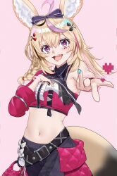 1girl :d ahoge animal_ear_fluff animal_ears belt black_belt black_pants black_shirt blonde_hair blowing_kiss blush bow braid center_frills club_(shape) club_facial_mark club_hair_ornament collared_shirt cowboy_shot crop_top cropped_shirt crossed_legs dice_hair_ornament double-parted_bangs facial_mark fox_ears fox_girl fox_tail frills gyaru_w hair_between_eyes hair_bow hair_ornament hair_over_shoulder hairclip heart heart-shaped_pupils heart_facial_mark heart_hair_ornament highres hololive hololive_idol_uniform_(color_rise) long_hair looking_at_viewer mark_under_eye midriff_peek multicolored_hair multicolored_shirt navel official_alternate_costume omaru_polka open_mouth pants pink_background pink_hair pink_overskirt playing_card_theme purple_eyes reaching reaching_towards_viewer red_shirt shirt side_braid simple_background single_braid single_sleeve smile solo spade_(shape) spade_facial_mark spade_hair_ornament streaked_hair symbol-shaped_pupils tail takotobuta virtual_youtuber white_shirt