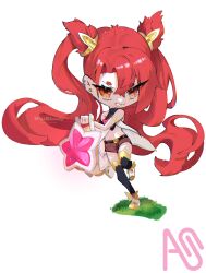 1girl alternate_costume alternate_hair_color alternate_hairstyle bare_shoulders black_thighhighs bow chibi hair_ornament highres jinx_(league_of_legends) league_of_legends long_hair magical_girl red_hair short_shorts shorts solo star_guardian_(league_of_legends) star_guardian_jinx thighhighs twintails very_long_hair