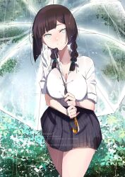 1girl alternate_costume alternate_hairstyle black_hair black_skirt blunt_sidelocks braid breasts collared_shirt cowboy_shot dress dress_shirt freckles green_eyes kantai_collection kimura_shiki large_breasts low_twintails miniskirt mogador_(kancolle) pleated_dress shirt sidelocks skirt solo transparent transparent_umbrella twin_braids twintails umbrella watermark white_shirt