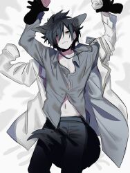 Rule 34 | 1boy, animal ears, bags under eyes, bed sheet, between legs, black eyes, black hair, chino (sky tanosi), coat, cowboy shot, disembodied hand, dog boy, dog ears, dog tail, from above, green shirt, highres, id card, lanyard, looking at viewer, male focus, original, parted lips, partially unbuttoned, pinned, shirt, short hair, solo, stomach, tail, tail between legs, white background, white coat
