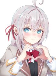 1girl ahoge alisa_mikhailovna_kujou blue_eyes blush bow bowtie brown_jacket closed_mouth collared_shirt commentary_request grey_hair hair_between_eyes hair_ribbon heart heart_hands highres jacket kentotto long_hair long_sleeves looking_at_viewer red_bow red_bowtie red_ribbon ribbon school_uniform seiren_academy_school_uniform shirt simple_background smile solo tokidoki_bosotto_roshia-go_de_dereru_tonari_no_alya-san upper_body white_background white_shirt
