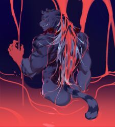 1boy absurdres ass bara bead_necklace beads blood blood_on_hands crrispy_shark from_behind furry furry_male highres jewelry looking_at_viewer male_focus muscular muscular_male necklace nude pang_(sdorica) pool_of_blood sdorica sharp_teeth solo teeth tiger_boy wading
