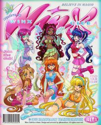 1990s_(style) 2025 6+girls aisha_(winx_club) animal_print aqua_eyes arm_behind_head arm_cutout armlet artist_name asymmetrical_shirt asymmetrical_skirt barcode bare_shoulders beads belt belt_bag belt_buckle bikini bikini_skirt blonde_hair bloom_(winx_club) blue_arm_warmers blue_bag blue_belt blue_boots blue_bridal_gauntlets blue_choker blue_eyes blue_hair blue_shorts blue_tube_top blue_wings blunt_bangs blunt_ends bob_cut boots bow bra breasts brown_hair buckle butterfly_print choker circlet cleavage cleavage_cutout clothing_cutout commentary copyright_name copyright_notice cover crop_top dark-skinned_female dark_skin detached_collar detached_sleeves double_bun dress english_commentary fairy fairy_wings fake_magazine_cover faux_retro_artstyle finger_to_cheek fishnet_sleeves fishnet_socks fishnets flora_(winx_club) flower frilled_dress frills gold_tiara green_bikini green_bow green_eyes green_skirt green_sleeves green_wings grey_belt grey_bridal_gauntlets hair_beads hair_between_eyes hair_bun hair_flower hair_ornament hair_spread_out hairclip halter_dress halterneck hanavbara hand_on_own_hip hand_on_own_knee headphones headset heart high_heel_boots high_heels highres holding holding_own_hair jewelry knee_boots kneeling leg_ribbon leg_up leotard lipstick long_hair looking_back lying magazine_cover magical_girl makeup midriff miniskirt multicolored_hair multiple_belts multiple_girls musa_(winx_club) musical_note on_side one_eye_closed open_mouth orange_hair orange_shirt over-kneehighs pantyhose parted_lips pink_boots pink_dress pink_flower pink_hair pink_shirt pink_skirt pink_sleeves pink_socks platform_boots pleated_skirt purple_leotard purple_shorts red_lips redesign retro_artstyle ribbon ring see-through_clothes see-through_sleeves shirt shoe_belt short_dress shorts shoulder_cutout sidelocks single_detached_sleeve single_sleeve skirt sleeveless sleeveless_shirt smile socks sparkle standing star-shaped_buckle star_(symbol) star_print stella_(winx_club) strapless streaked_hair studded_belt sun_symbol swimsuit tecna_(winx_club) thigh_belt thigh_strap thighhighs tube_top twintails two-tone_hair two-tone_shirt two-tone_wings two_side_up underwear very_long_hair visor_(armor) watch wavy_hair white_background white_bra white_pantyhose wings winx_club wristwatch yellow_eyes yellow_ribbon yellow_wings