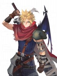 1boy armor bandages belt black_belt blonde_hair blue_eyes blue_pants brown_belt brown_gloves buster_sword cloak cloud_strife cow demon_wings final_fantasy final_fantasy_vii gloves hair_between_eyes highres holding holding_sword holding_weapon kingdom_hearts linerhan looking_at_viewer male_focus multiple_belts official_alternate_costume pants red_cloak short_hair shoulder_armor single_shoulder_pad single_wing solo spiked_hair sword torn_cloak torn_clothes weapon weapon_on_back white_background wings