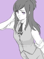ace_attorney blue_eyes ema_skye formal_clothes highres long_hair ponytail purple_background shirt vest white_shirt