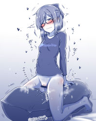 1girl a-chan_(hololive) bare_legs barefoot blush bottomless breasts censored female_masturbation female_pubic_hair glasses grinding hair_ribbon highres hitachi_magic_wand hololive masturbation pillow pillow_humping pubic_hair pussy ribbon sekino_takehiro sex_toy small_breasts solo straddling sweat vibrator virtual_youtuber white_background