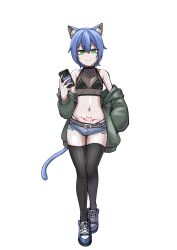 1boy animal_ears bishounen cat_boy cat_ears cat_tail commission commissioner_upload crossdressing fishnet_top fishnets flat_chest full_body green_eyes green_jacket grimbell highres holding holding_phone indie_virtual_youtuber jacket light_smile micro_shorts monori-chan navel panties phone pubic_tattoo revealing_clothes shoes shorts smug sneakers string_panties tail tattoo thighhighs triangle_bra underwear
