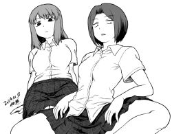 2girls arm_support black_eyes black_skirt breasts closed_mouth collared_shirt constricted_pupils dated feet_out_of_frame forehead large_breasts legs medium_breasts medium_hair monochrome multiple_girls open_mouth original school_uniform shirt short_hair short_sleeves signature simple_background sitting skirt spread_legs thighs tsukudani_(coke-buta) white_background white_shirt