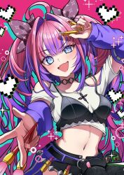 Rule 34 | 1girl, blue eyes, bra over clothes, chameleon (chameleon0613), cosmetics, fangs, heart, holding, holding lipstick tube, hololive, hololive dev is, kikirara vivi, lipstick tube, long hair, looking at viewer, nail polish, open mouth, pink hair, pink nails, pixel heart, purple hair, purple shorts, shirt, shorts, skin fangs, smile, solo, twintails, very long hair, virtual youtuber, white shirt