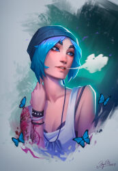 1girl absurdres angelmoonlight arm_tattoo beanie black_bra black_hat blue_butterfly blue_eyes blue_hair bra bra_strap breasts breath bug butterfly chloe_price collarbone hand_on_own_neck hat highres insect jewelry life_is_strange_(series) life_is_strange_1 looking_to_the_side medium_hair necklace shoulder_tattoo signature small_breasts solo tank_top tattoo underwear upper_body white_tank_top