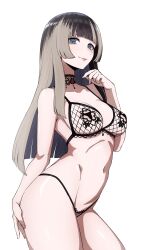 Rule 34 | 1girl, absurdres, areola slip, black bra, black choker, black hair, black panties, blue eyes, bra, breasts, choker, closed mouth, collarbone, cowboy shot, daydarion, fishnet bra, grey hair, hand up, highres, hololive, hololive dev is, juufuutei raden, light smile, lingerie, lips, medium breasts, multicolored hair, navel, panties, simple background, solo, stomach, streaked hair, two-tone hair, underwear, virtual youtuber, white background